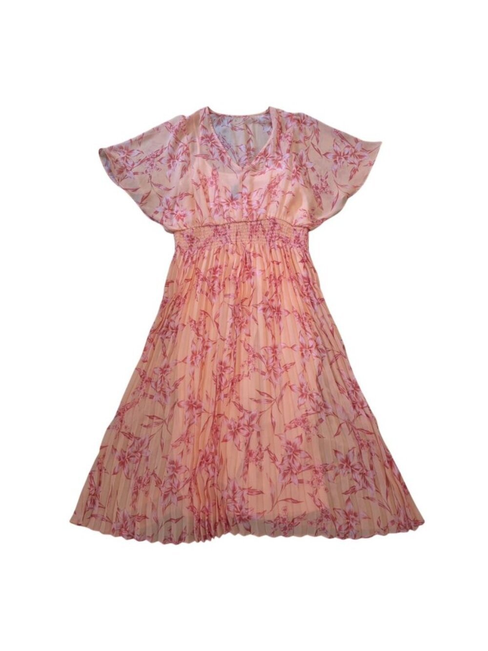 Taylor Coral Floral Pleated Long Dress Flutter Sleeve Smocked Waist L.